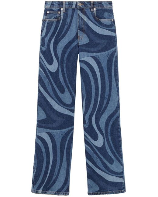 Emilio Pucci Blue Marmo-print Wide-leg Jeans - Women's - Cotton/spandex/elastane