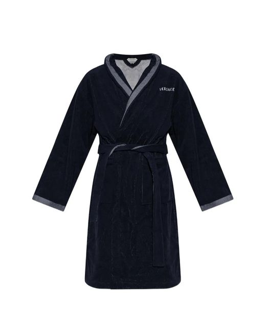 Versace Blue Embroidered-Graphic Cotton Bathrobe