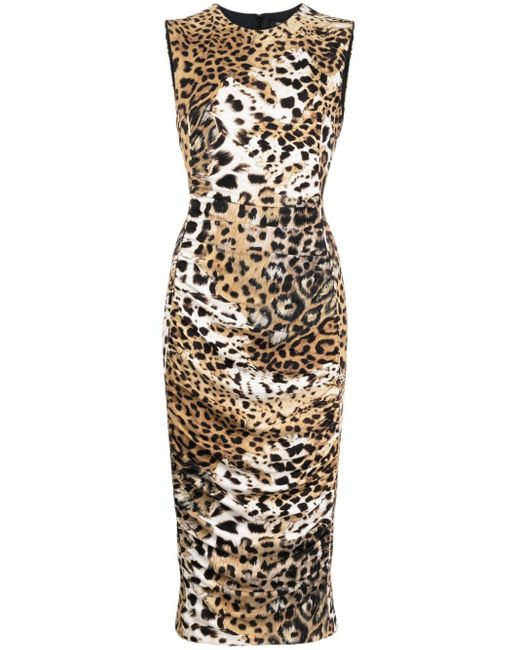 Roberto Cavalli Metallic Jaguar-print Gathered Midi Dress
