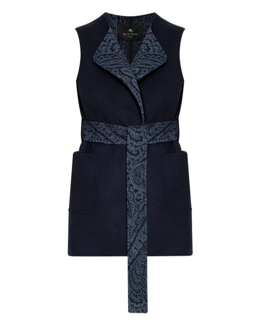 Etro Blue Paisley-Trimmed Belted Waistcoat