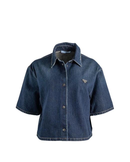 Prada Blue Chemise En Jean À Coupe Crop