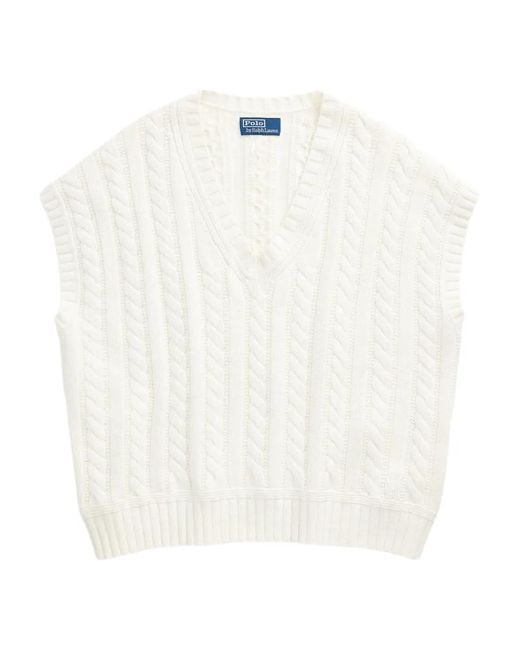 Polo Ralph Lauren White Cable-Knit V-Neck Sleeveless Vest