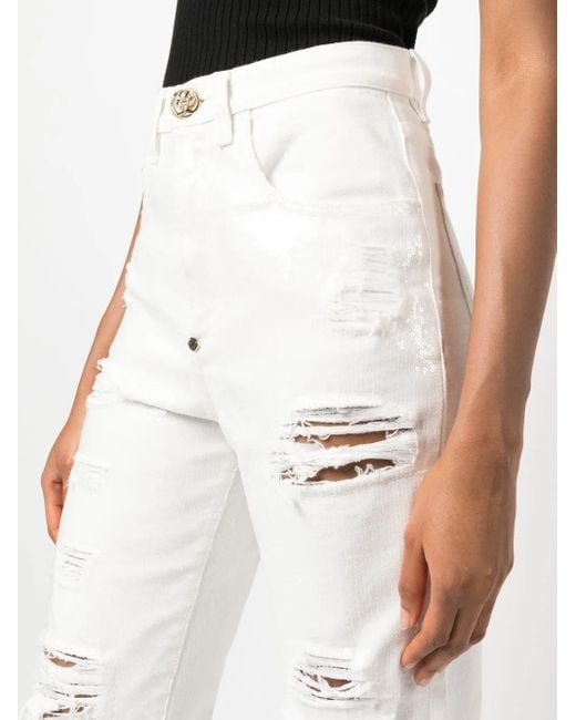 Philipp Plein White Paillettes Mom-Fit Distressed Jeans
