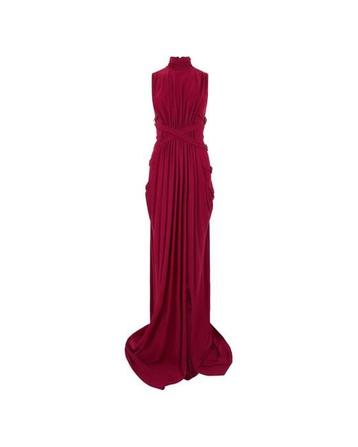 Alberta Ferretti Red Draped Buckled-Strap Maxi Dress