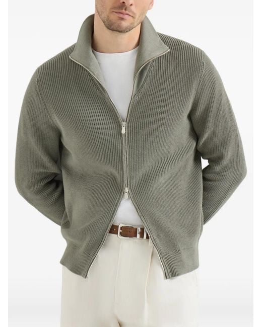 Brunello Cucinelli Green Cardigan Demi-Côtes Anglaises En Coton À Fermeture Éclair for men