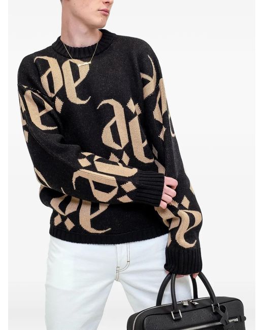 PLACE OF ELMS Black Monolink-Jacquard Crew-Neck Sweater for men