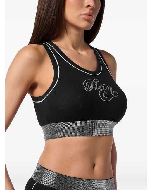 Philipp Plein Black Ribbed-Knit Logo-Embroidered Top
