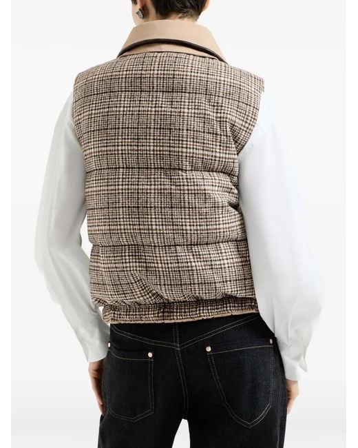 Brunello Cucinelli Brown Twill And Prince-Of-Wales Reversible Down Vest With Detachable-Leather-Collar And Monili