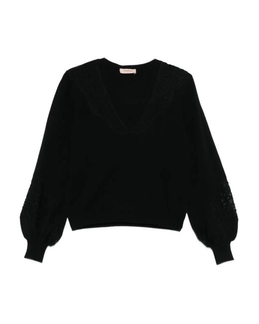 Twinset Black Pull À Manches En Dentelle