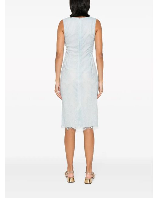 Gemy Maalouf White Chantilly Lace V-Neck Midi Dress
