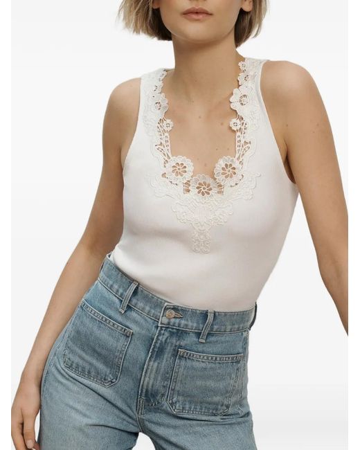 Veronica Beard White Narcisa Lace-Trim Ribbed Top