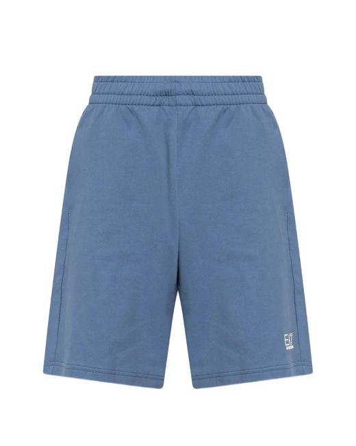 EA7 Blue Logo-Print Elasticated-Waist Track Shorts for men