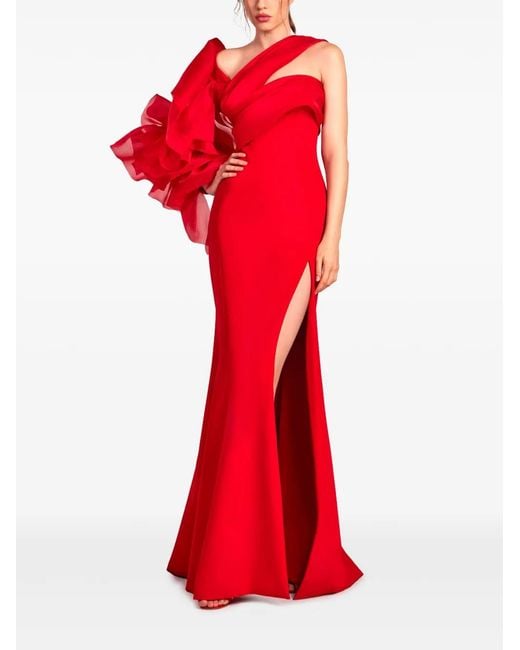Gaby Charbachy Red Ruffle-Sleeve Gown