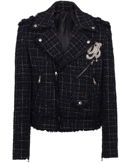 Balmain Black Checked Tweed Biker Jacket for men