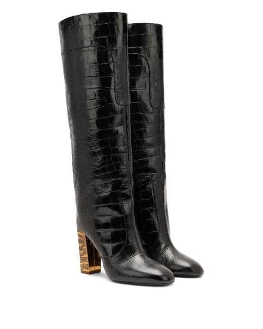 Roberto Cavalli Black Crocodile-Effect Leather Boots