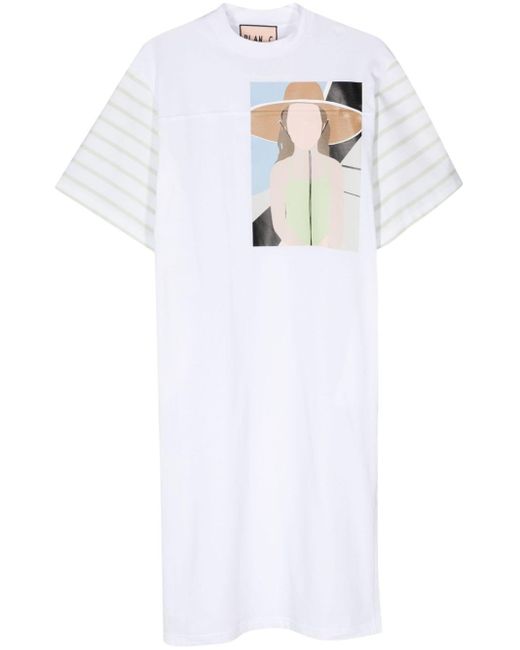 Plan C White Graphic-print Midi T-shirt Dress