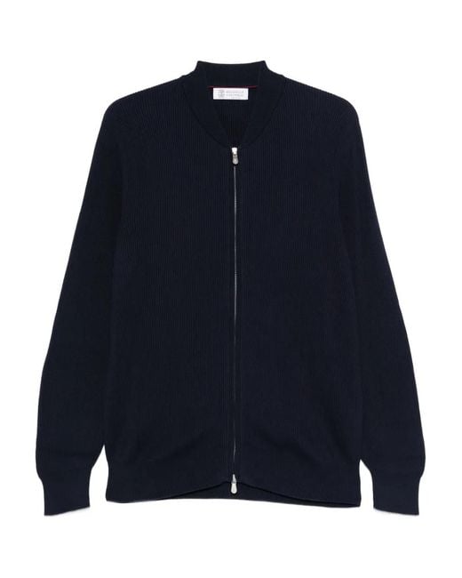 Brunello Cucinelli Geribbelde Trui Met Rits in het Blue voor heren
