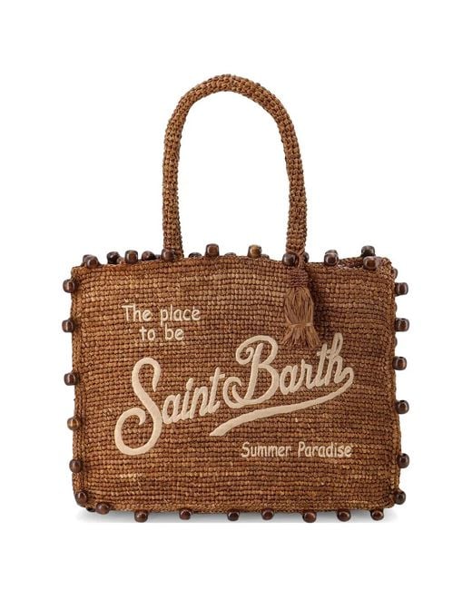 Mc2 Saint Barth Brown Raffia Beaded-Trim Beach Bag