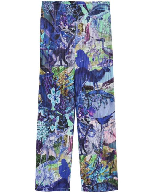 Pleats Please Issey Miyake Blue Graphic-print Cropped Trousers