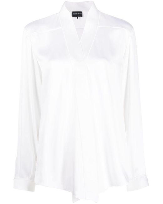 Giorgio Armani V-neck Long-sleeves Silk Shirt in het White