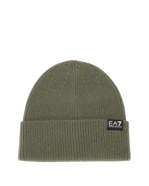 EA7 Green Ribbed-Knit Beanie Hat for men