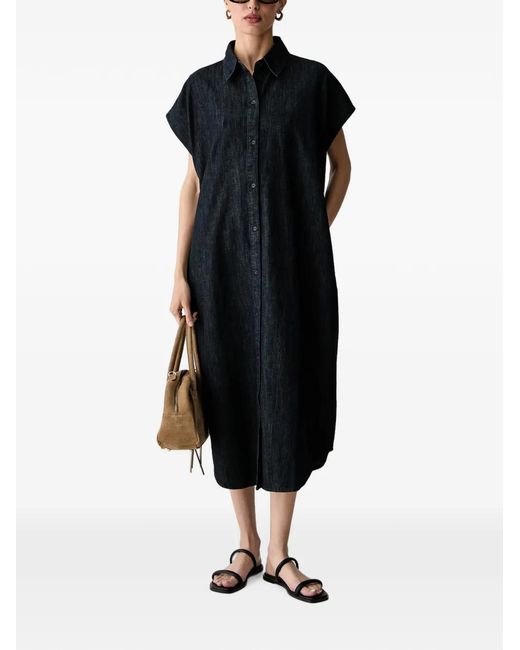 Benetton Black Button-Up Short-Sleeved Denim Midi Dress