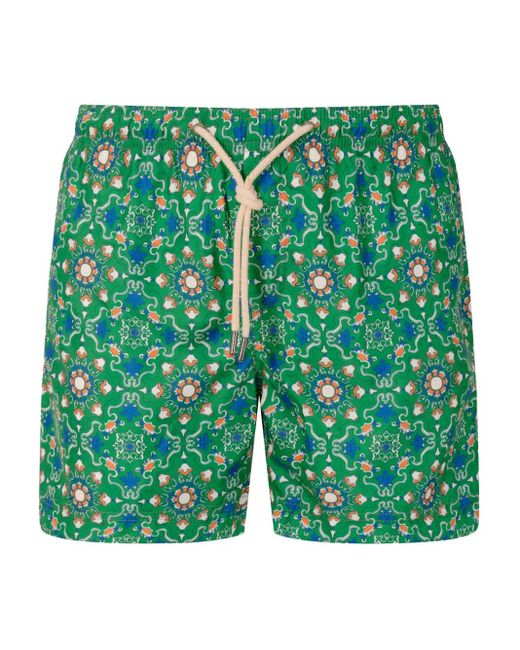 Peninsula Green Patterned Drawstring Swim Shorts for men