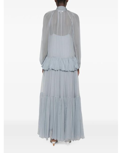 Chloé Blue Ruffled Silk-Mousseline Maxi Dress