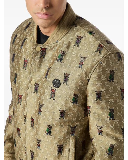 Philipp Plein Green Jacquard Animal-Print Bomber Jacket for men