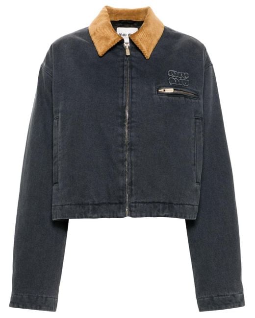 Miu Miu Corduroy-Collar Padded Denim Jacket in Blue | Lyst