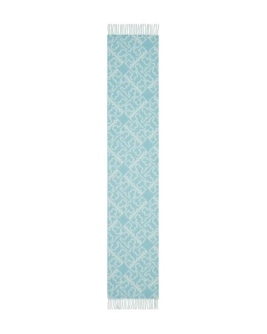 Tory Burch Blue Logo-Pattern Fringed Scarf