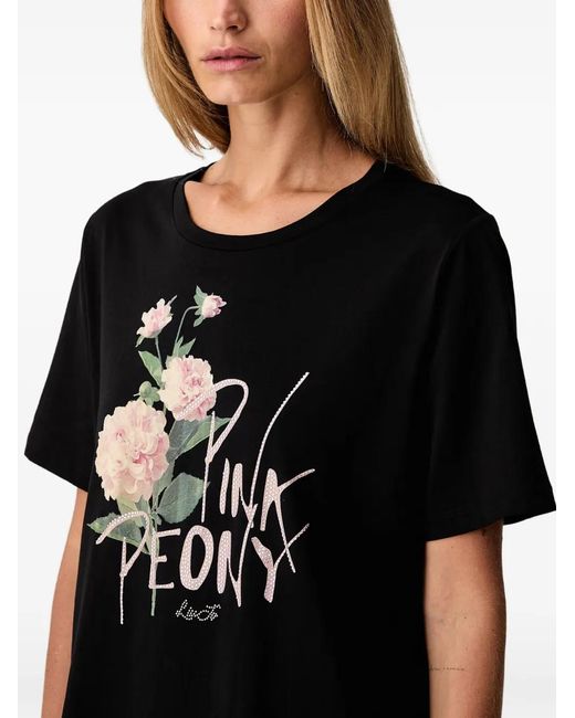 Liu Jo Black Floral-Print Rhinestone-Embellished T-Shirt