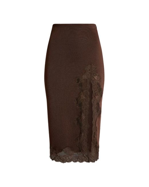 Balmain Brown Knit Midi Skirt With Lace