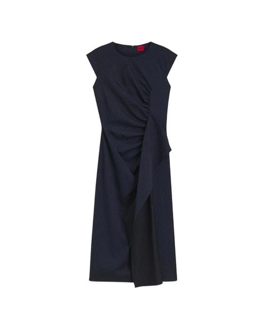 HUGO Blue Pinstripe-Pattern Ruched Midi Dress