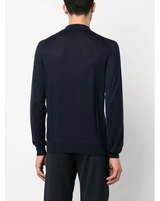 Corneliani Blue Fine-Knit Long-Sleeve Polo Shirt for men