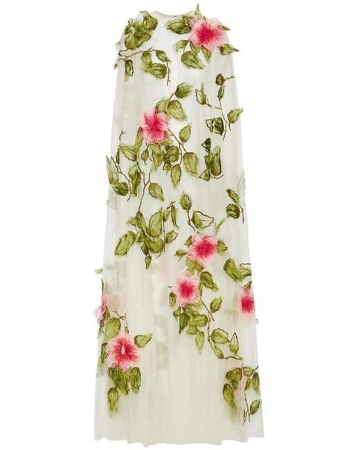 Oscar de la Renta White Hibiscus Tulle Caftan Dress