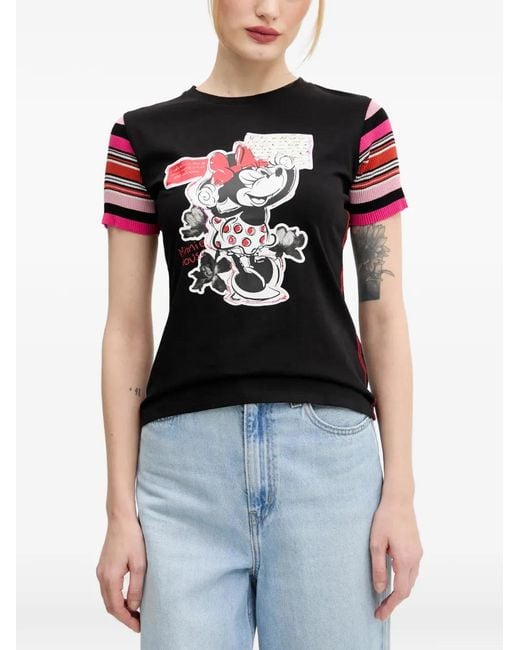 Desigual Black Minnie Mouse Striped-Sleeve T-Shirt