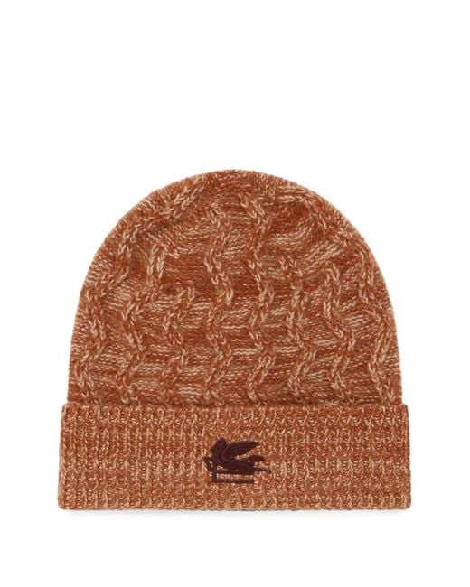 Etro Brown Cashmere Beanie With Cable Detail And Pegaso Embroidery for men