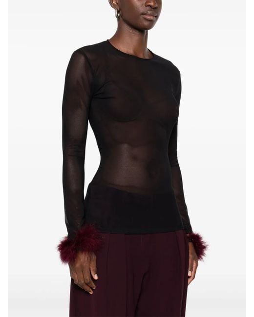 Mugler Black Mesh-Panel Feather-Cuff Top