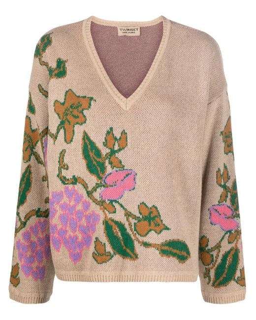 Twinset Pink Geblümter Intarsien-Pullover
