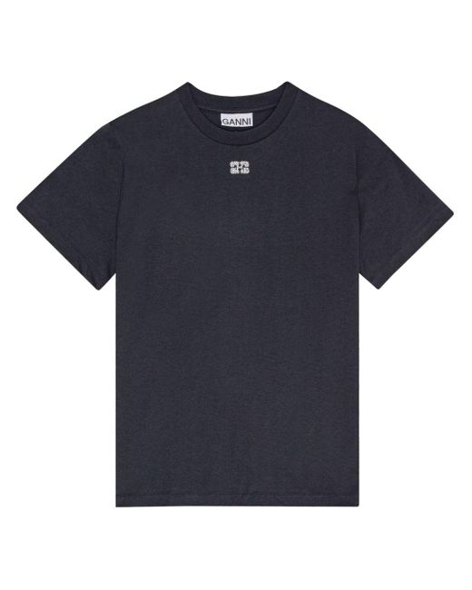 Ganni Blue Logo-embellished Cotton T-shirt