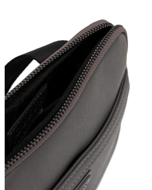 Guess Gray Logo-Plaque Cross-Hatch Messenger Bag for men