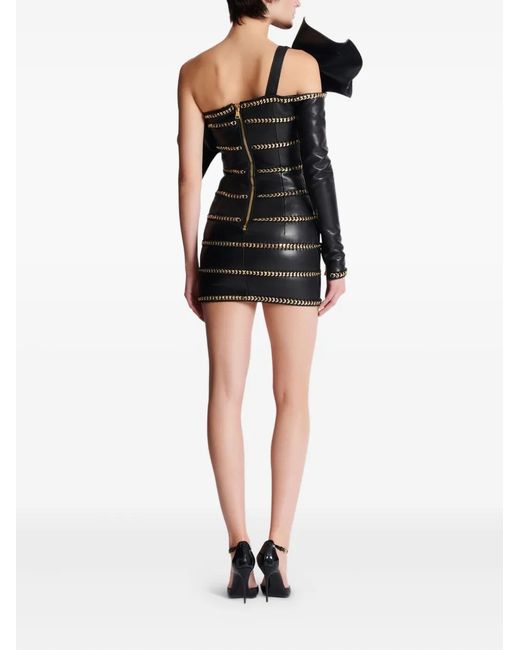 Balmain Black Asymmetric Leather Mini Dress