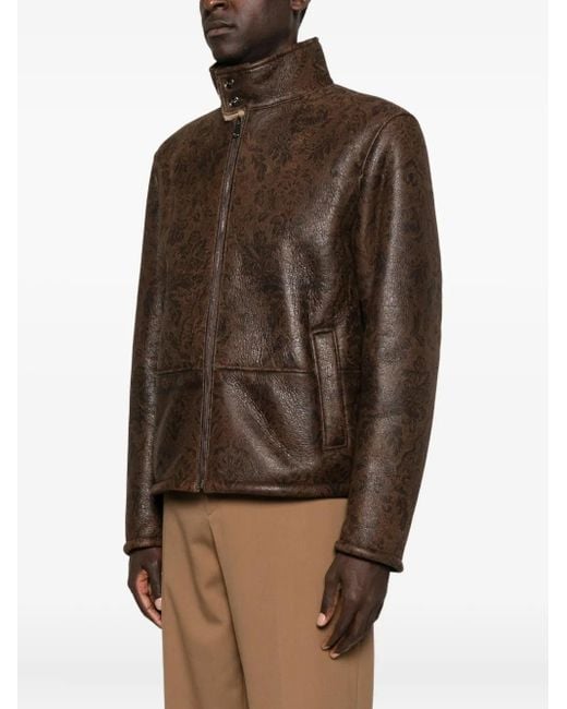 Etro Brown Floral-Pattern Leather Jacket for men