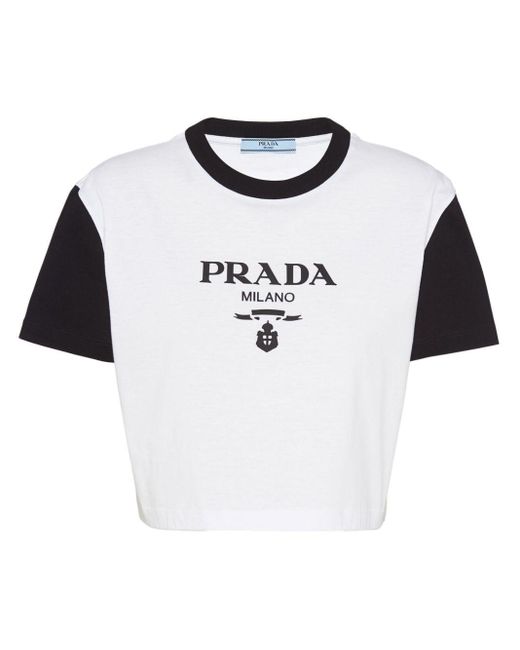 Prada White Logo-Print Cropped T-Shirt