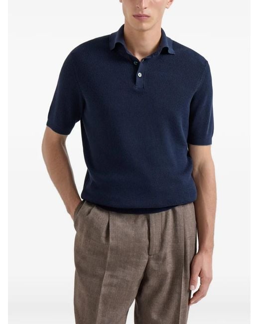 Brunello Cucinelli Blue Ribbed-Knit Polo Shirt for men