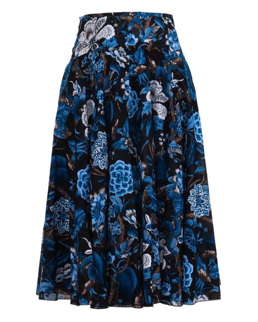 Samantha Sung Blue Floral-Print Pleated Midi-Skirt