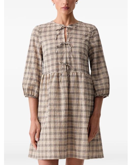 Marc O' Polo Brown Checked Tie-Fastening Mini Dress