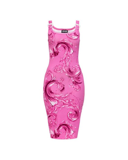 Versace Jeans Couture Pink Chromo Couture-Print Buckle-Straps Midi Cotton Dress