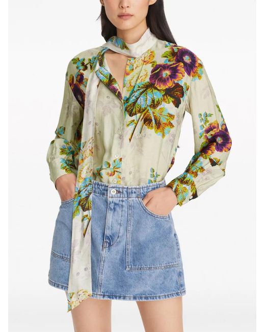 Tory Burch Green Floral-Pattern Pussy-Bow Blouse